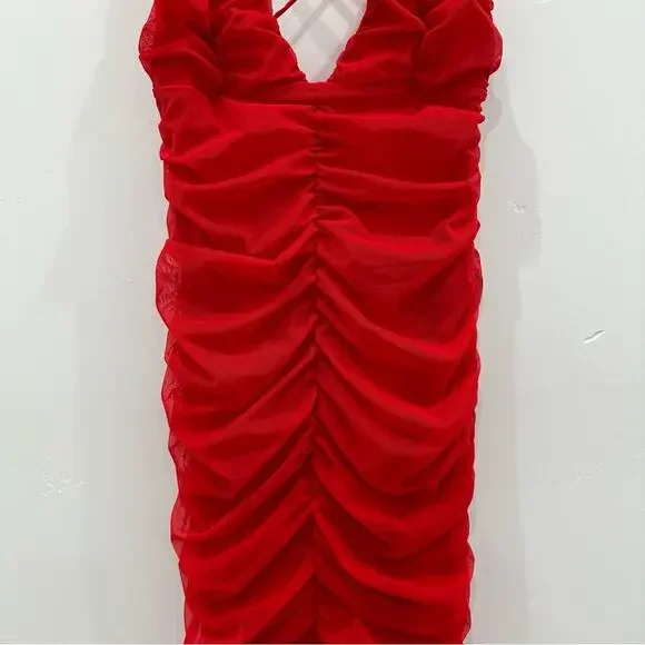 Michael Costello Red Ruched Bodycon Midi Dress with Crisscross Back - Picture 4 of 11